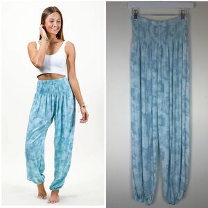 LOTUS & LUNA Sky Blue Tie-Dye Smocked Harem Yoga Pants